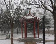 不一會，雪花就輕輕地覆蓋了整個大駐馬，連路邊游園的亭臺都讓這雪花修飾的如此意境不凡。