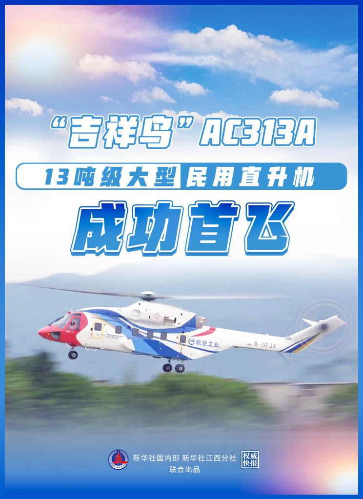 權威快報｜13噸級大型民用直升機AC313A成功首飛