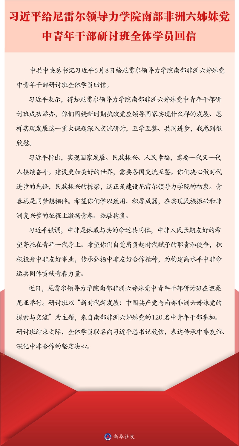 習近平給尼雷爾領導力學院南部非洲六姊妹黨中青年干部研討班全體學員回信
