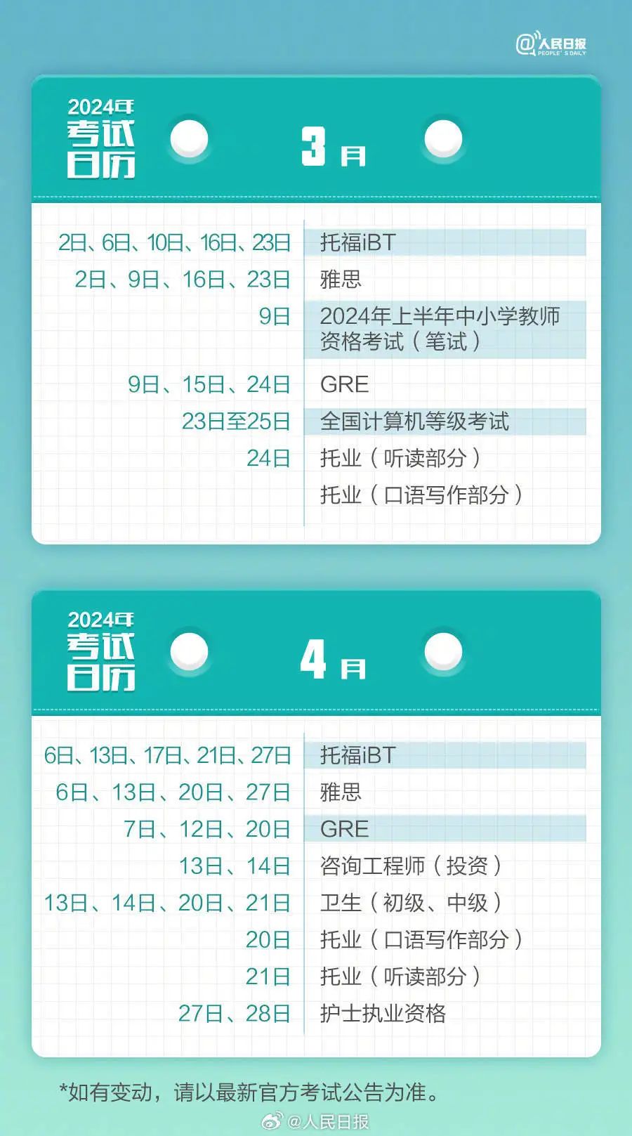 大學生注意！2024全年考試時間表來了