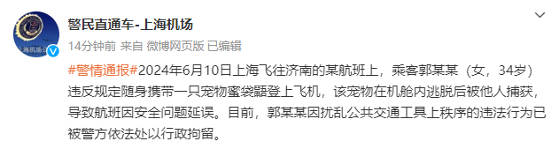 女子將蜜袋鼯帶上飛機致全體旅客下機？警方通報：行政拘留