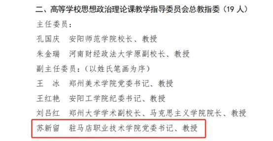 駐馬店職業技術學院蘇新留入選第三屆河南省高等學校思想政治理論課教學指導委員會委員