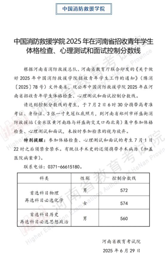 軍隊、公安、司法、消防類院校2025年在河南省招生面試、體檢控制線分數線公布